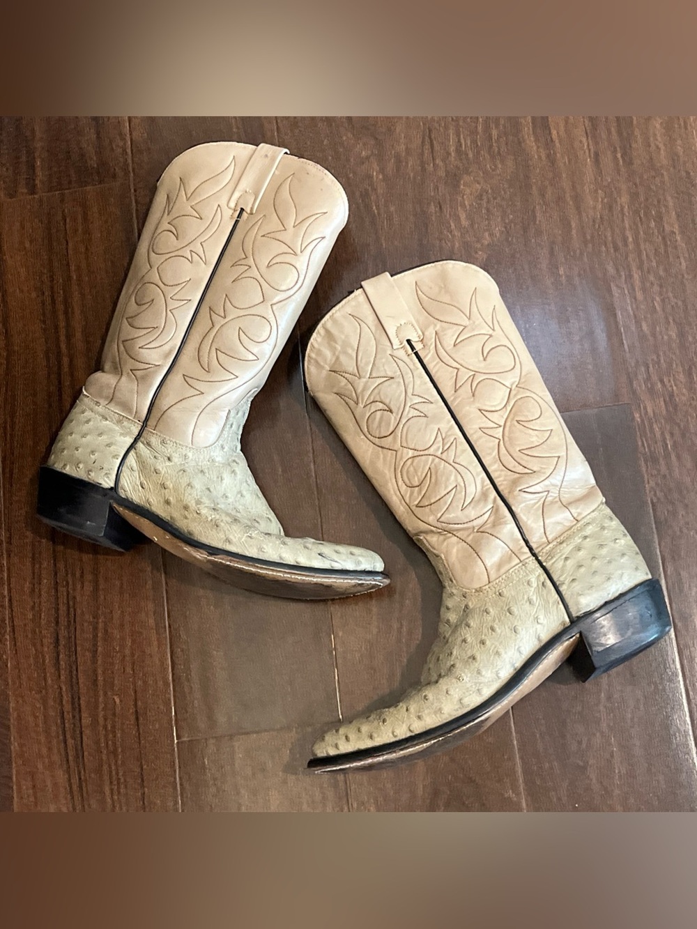 ACME Ostrich Grain Cowhide Western Cowboy Boots Vtg Leather Beige Cream 8 C